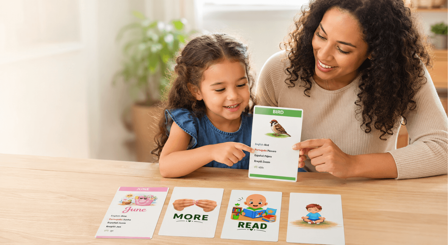 A parent and child looking at a Raíces Learning flashcard together